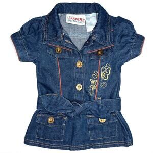 Vintage Carters Baby Girl Denim Belted Embroidered Butterfly Western Dress 12M
